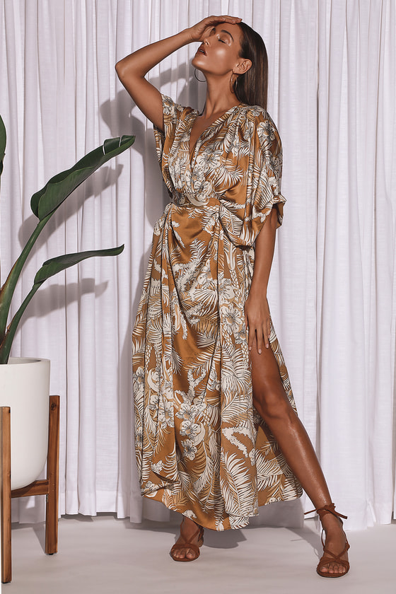 Tan Maxi Dress - Tropical Print Dress ...